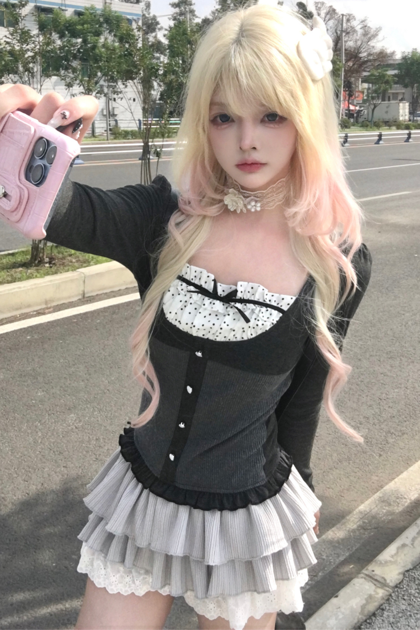 スリムリボンドットスリムトップス+ケーキスカート