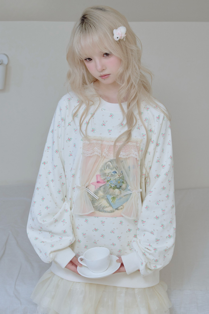 フローラルキャットレースカーテンスウェット