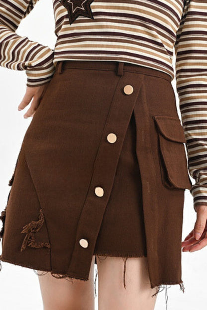 Brown Retro High Waist Skirt + Dark Brown T-Shirt + Blue Coat