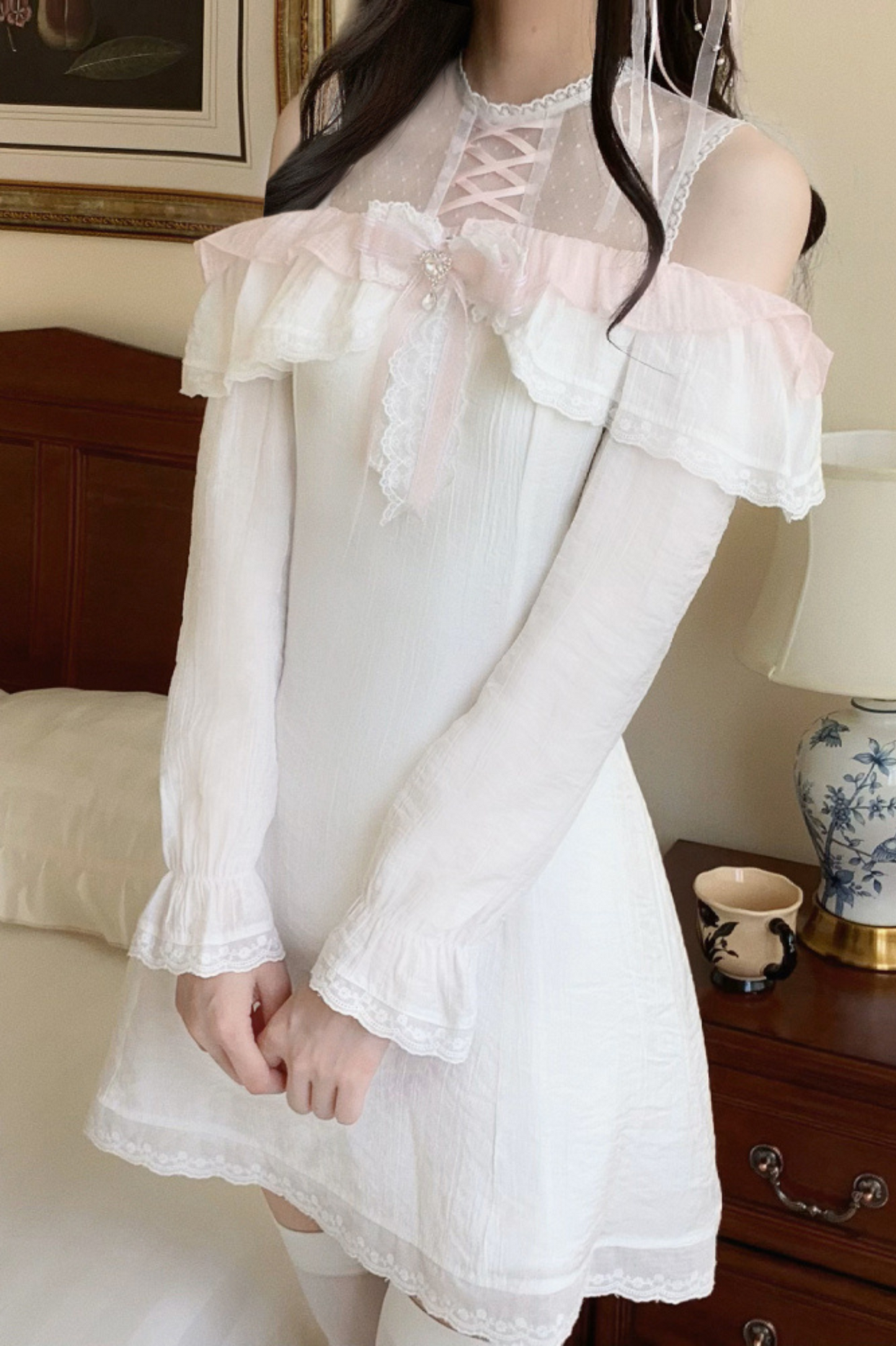 Girly sweet lace one shoulder dress