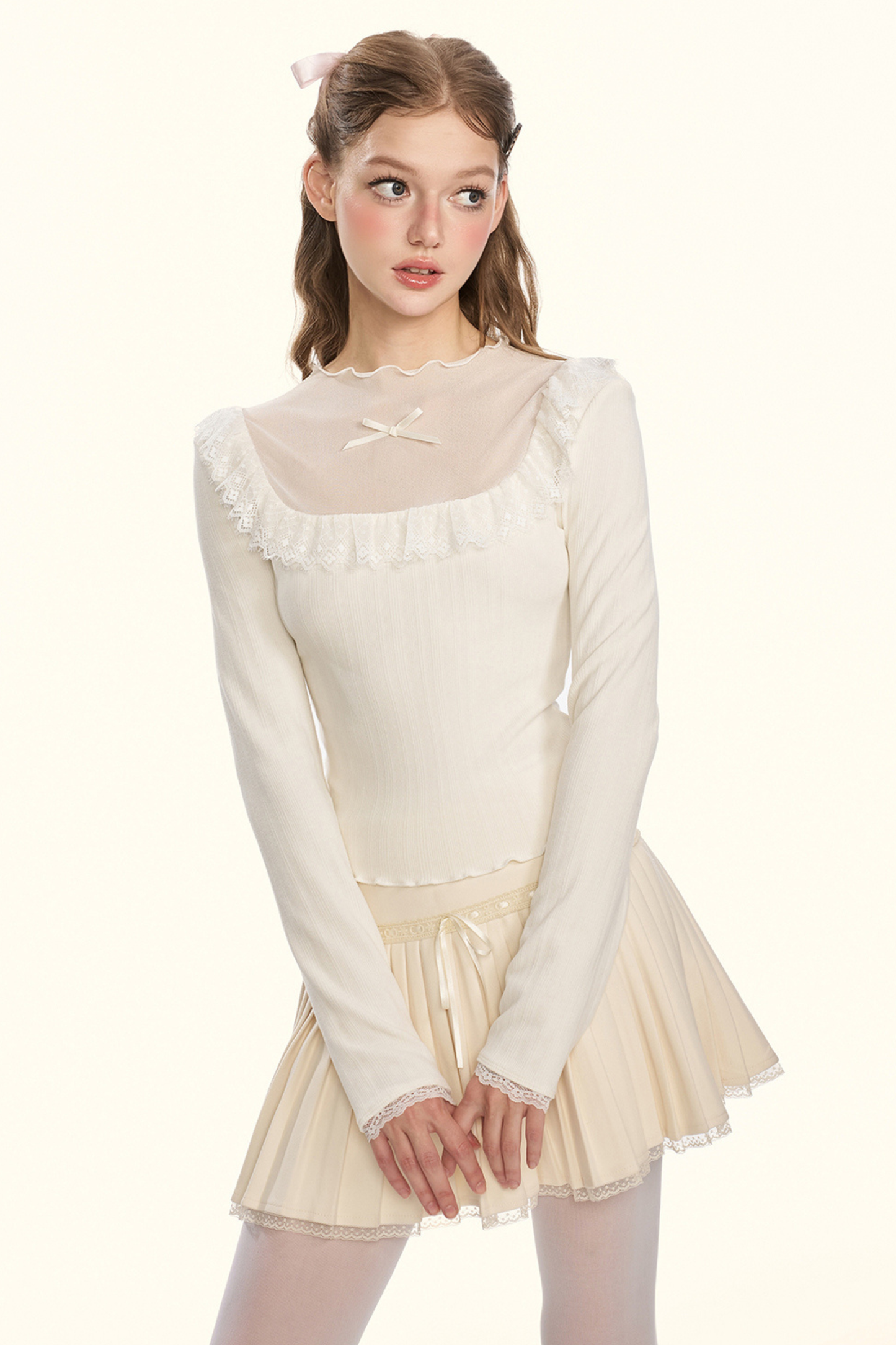 シアーリボンドールカラータイトトップス