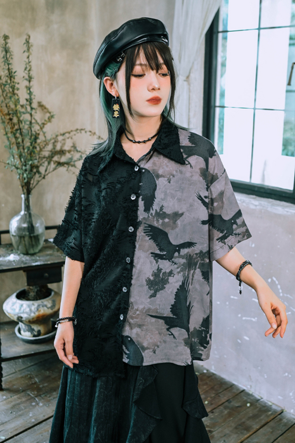 アシメモードチャイナカラーブロックシャツ