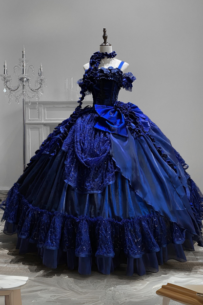 [Reserva] Vestido azul con flores y espiga azul oscuro