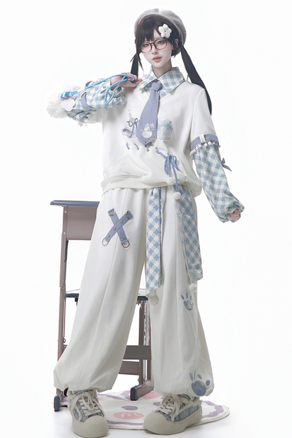 デジタルチェックトップス+ワイドパンツ+ベルト+ネクタイ