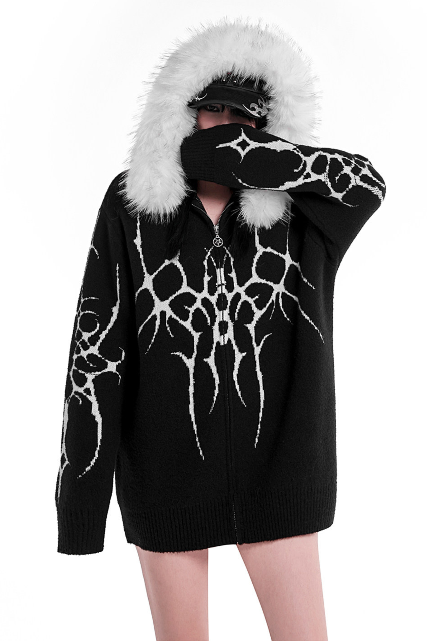 ゴシックファーフードルーズジップカーディガン