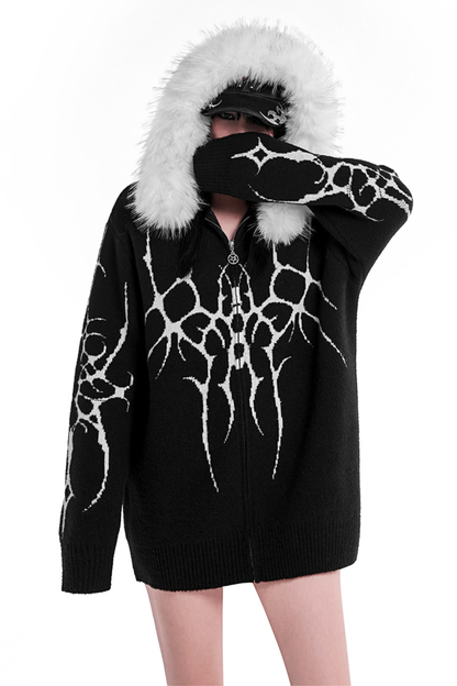 ゴシックファーフードルーズジップカーディガン