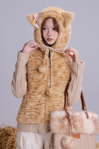 オレンジキャットファーパッチワークニットスリムフードジャケット