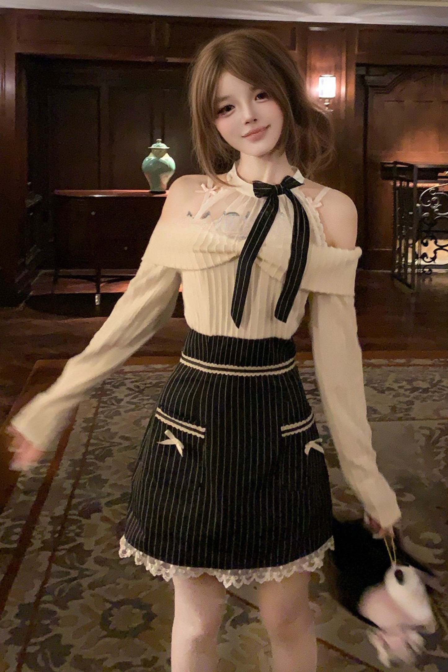 リボンオフショルダーストライプドレス