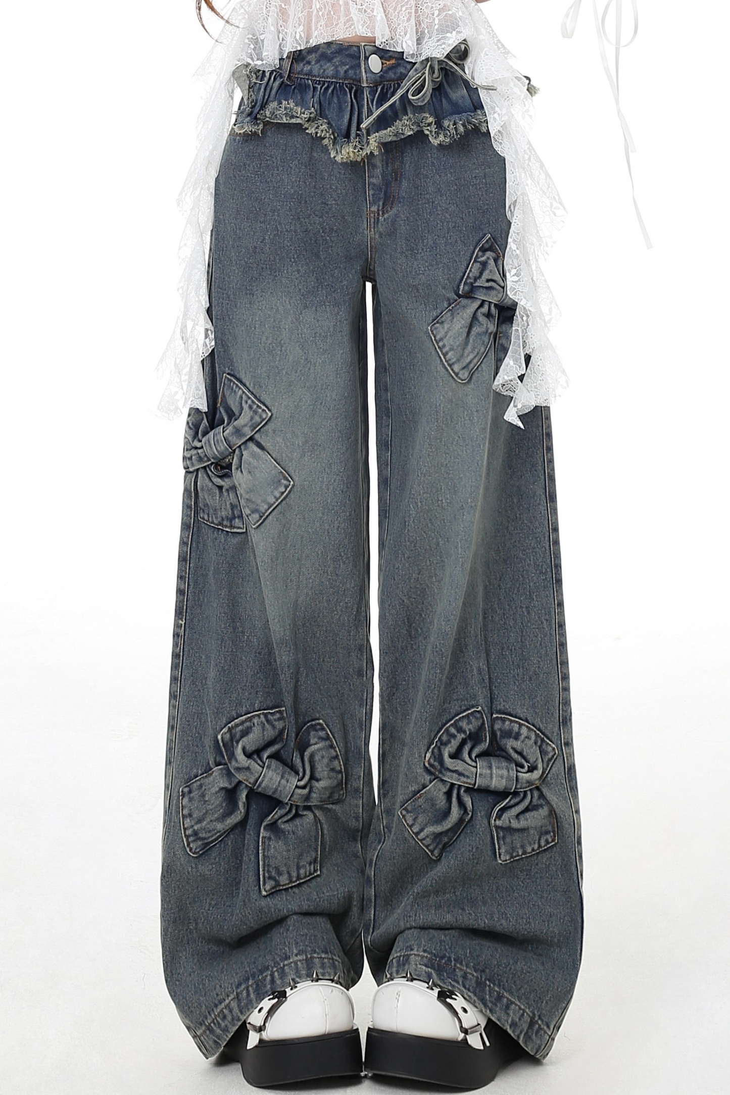 Retro Ribbon Denim Wide Loose Pants