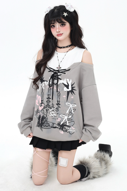 スイートストラップフェイクツーピースオフショルダーデザインガーリースウェット