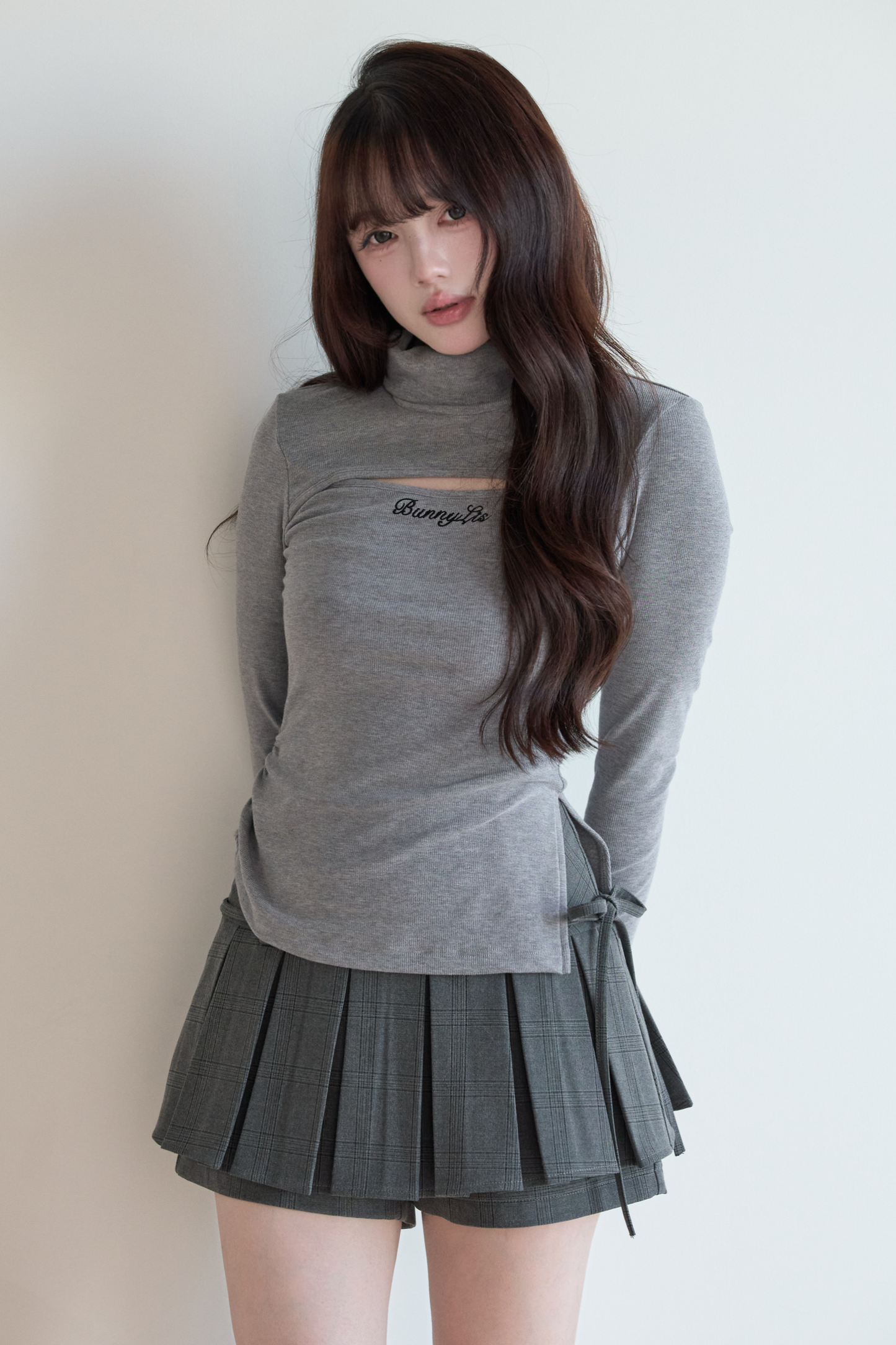 High Neck Knit Top + Check Skirt