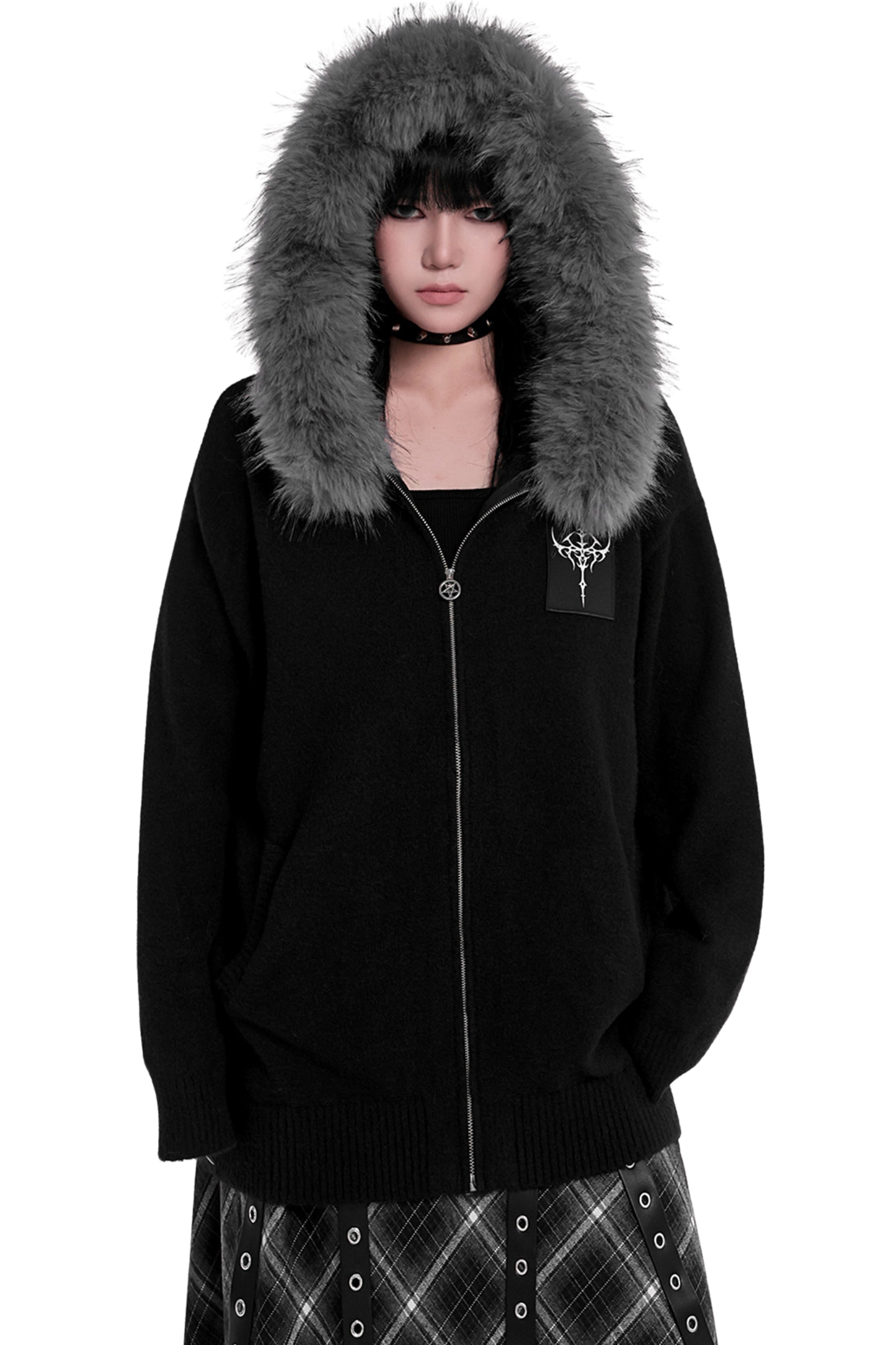 ファーフードルーズポイントクロスジップパーカー