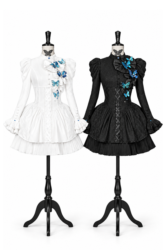[Reservierungsschluss 14. Oktober] Schwarz-weißes Gothic-Lolita-Minikleid mit Schmetterlingsschleife, Bandkragen und Schnürung am Rücken