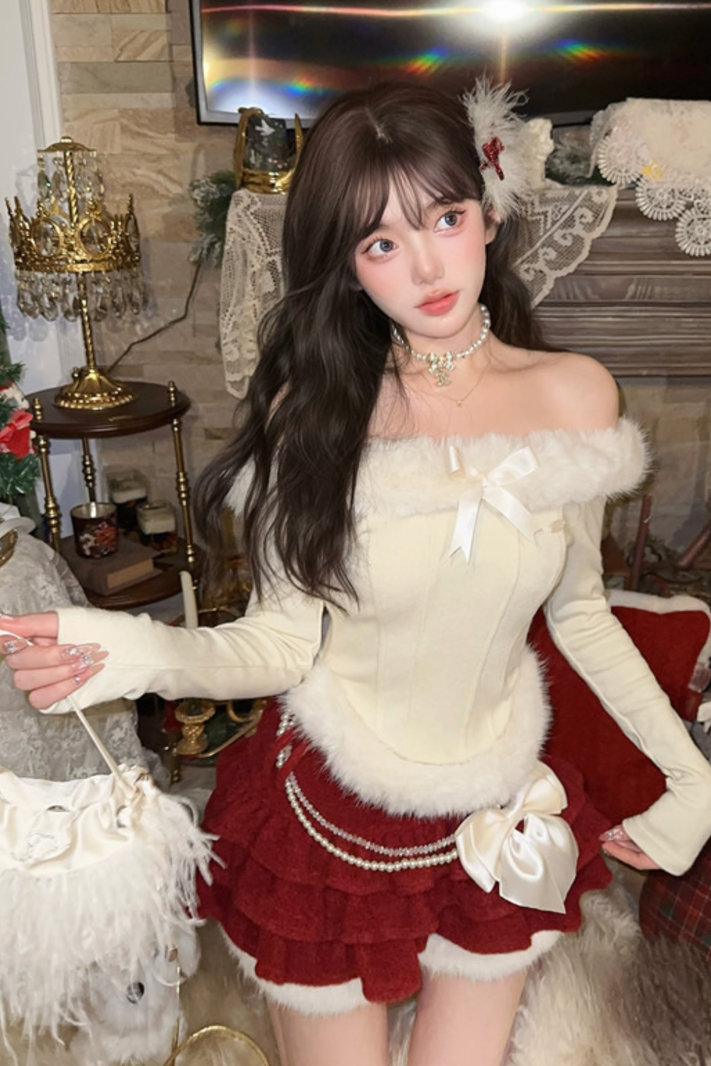 [Reservations] Sweet Fur Off-Shoulder Ribbon Top