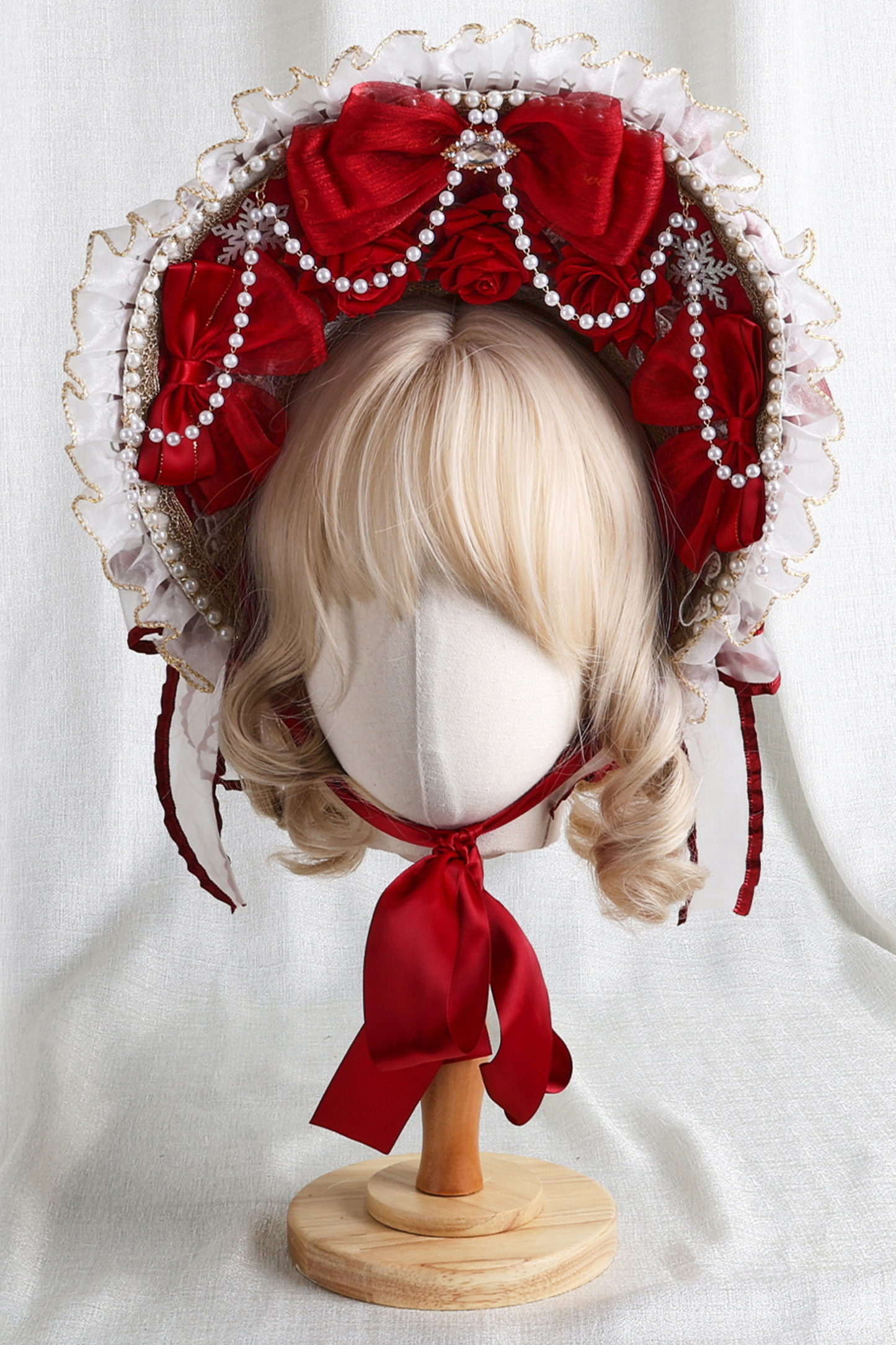 ローズレースロリータボンネット+ハット+ヘアバンド+クリップハット+クラウン