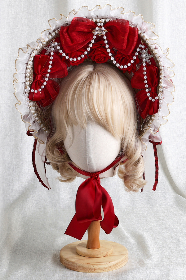 ローズレースロリータボンネット+ハット+ヘアバンド+クリップハット+クラウン