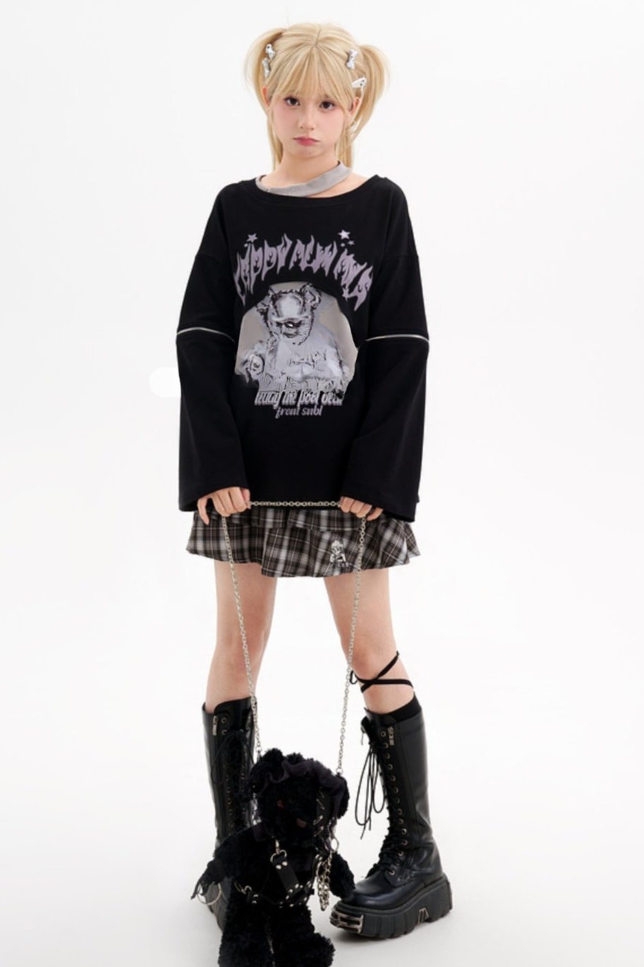 Bear Print Detachable Long Sleeve T-Shirt