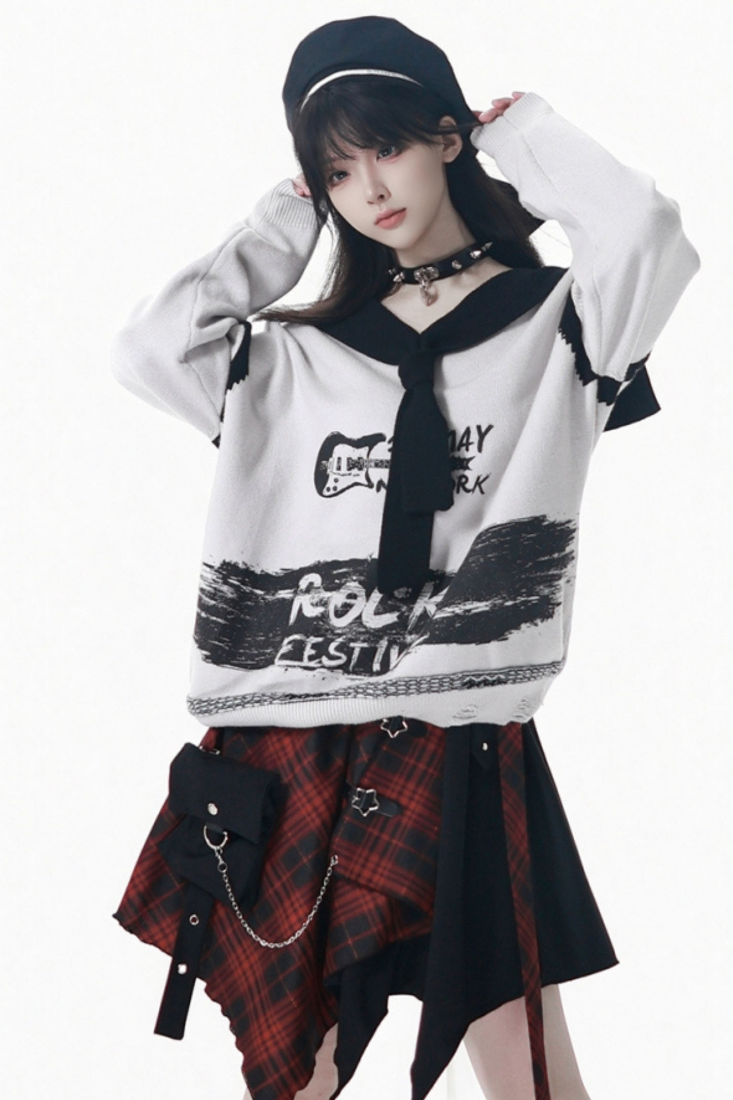 Dark Loose Sweater + Checked Asymmetrical Skirt