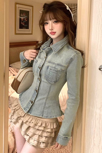 Vintage ribbon waist tie denim jacket