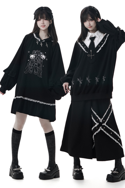 ビッグスイングシャツデザイントップス+フードワンピース+ロングキュロット