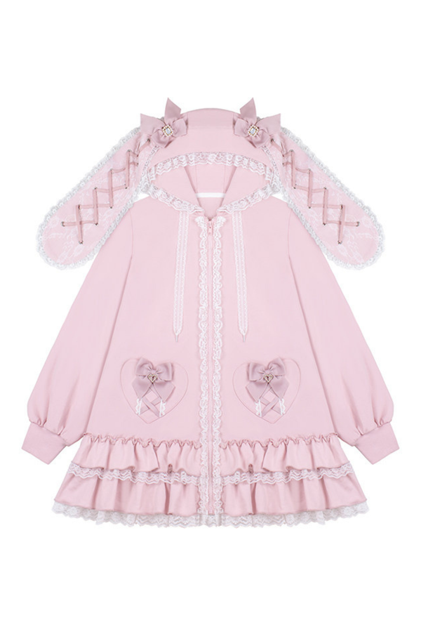 Chaqueta con volantes y capucha de conejo con corazón dulce
