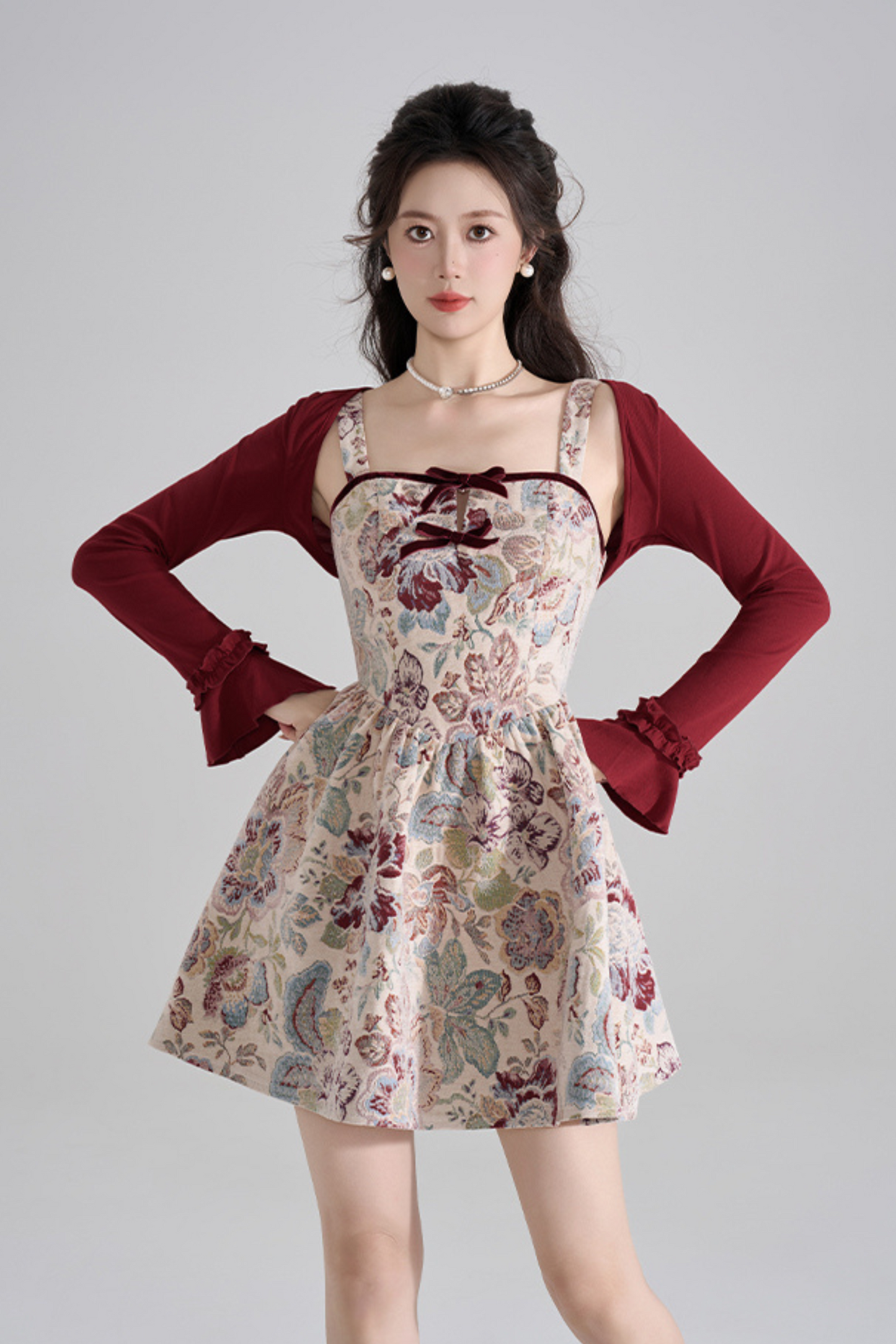 Retro Breeze Fragrance Dress + Short Cardigan