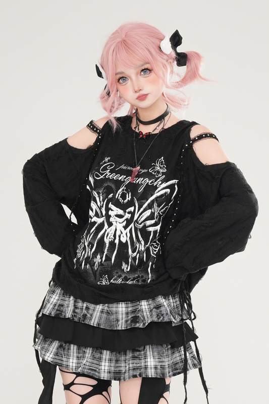 Butterfly Print Strap Off-the-shoulder Top