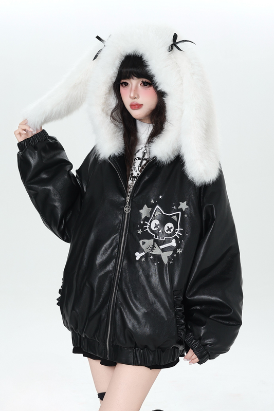 Rabbit Fur Hooded Leather Jacket