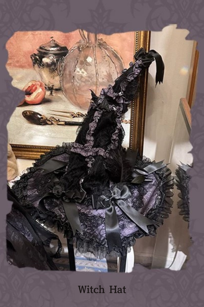 【10月30日予約締切】Purple And Black Gothic Lolita Dress Complete Set [Bunny Ear Hat Version/Witch Hat Version] (Witch Print Bustier Dress + Black Short-Sleeved Blouse + Bat Wing Back Train + Detachable Princess Sleeves)