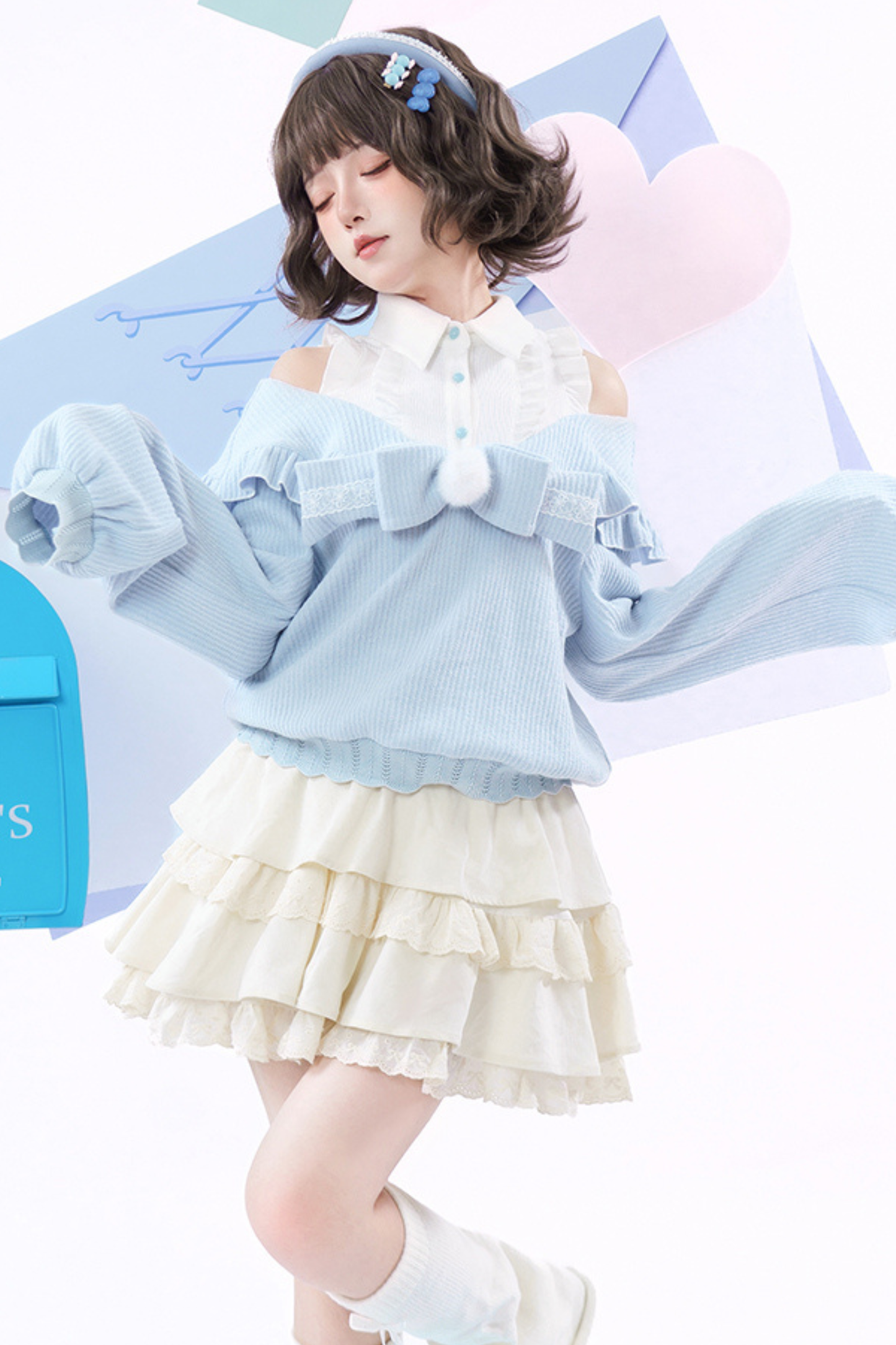 キュートオフショルダーセーター+スカート