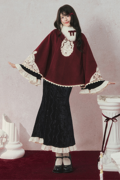 レトロゴージャスブラックベルベットマーメイドテールチャイナドレス+マント