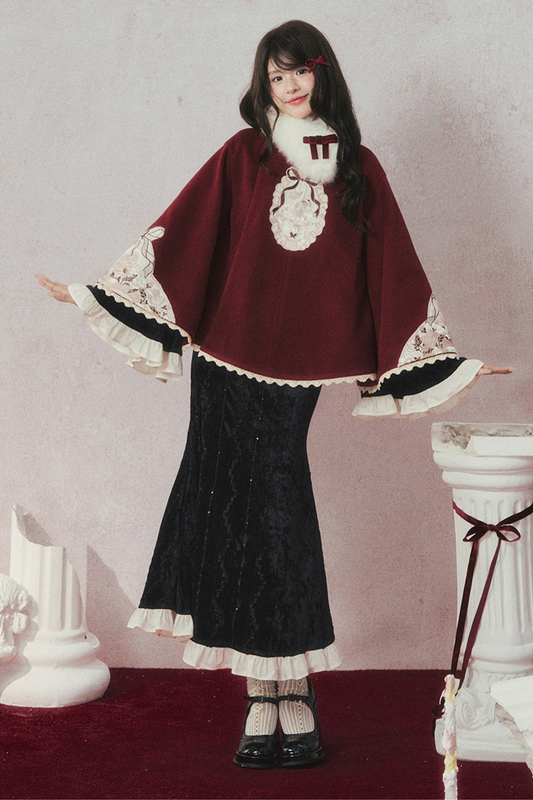 レトロゴージャスブラックベルベットマーメイドテールチャイナドレス+マント