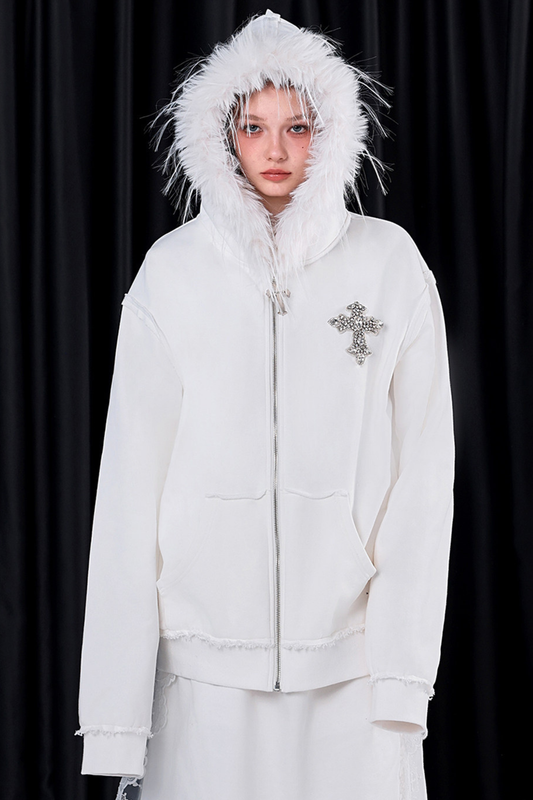 ファーフードモードルーズジップパーカー