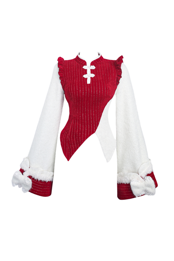 Fur china design vest + red china top + flared short skirt