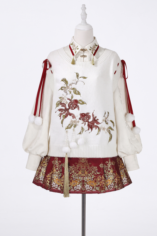 チャイナスノーニットベスト+シャツ+スカート