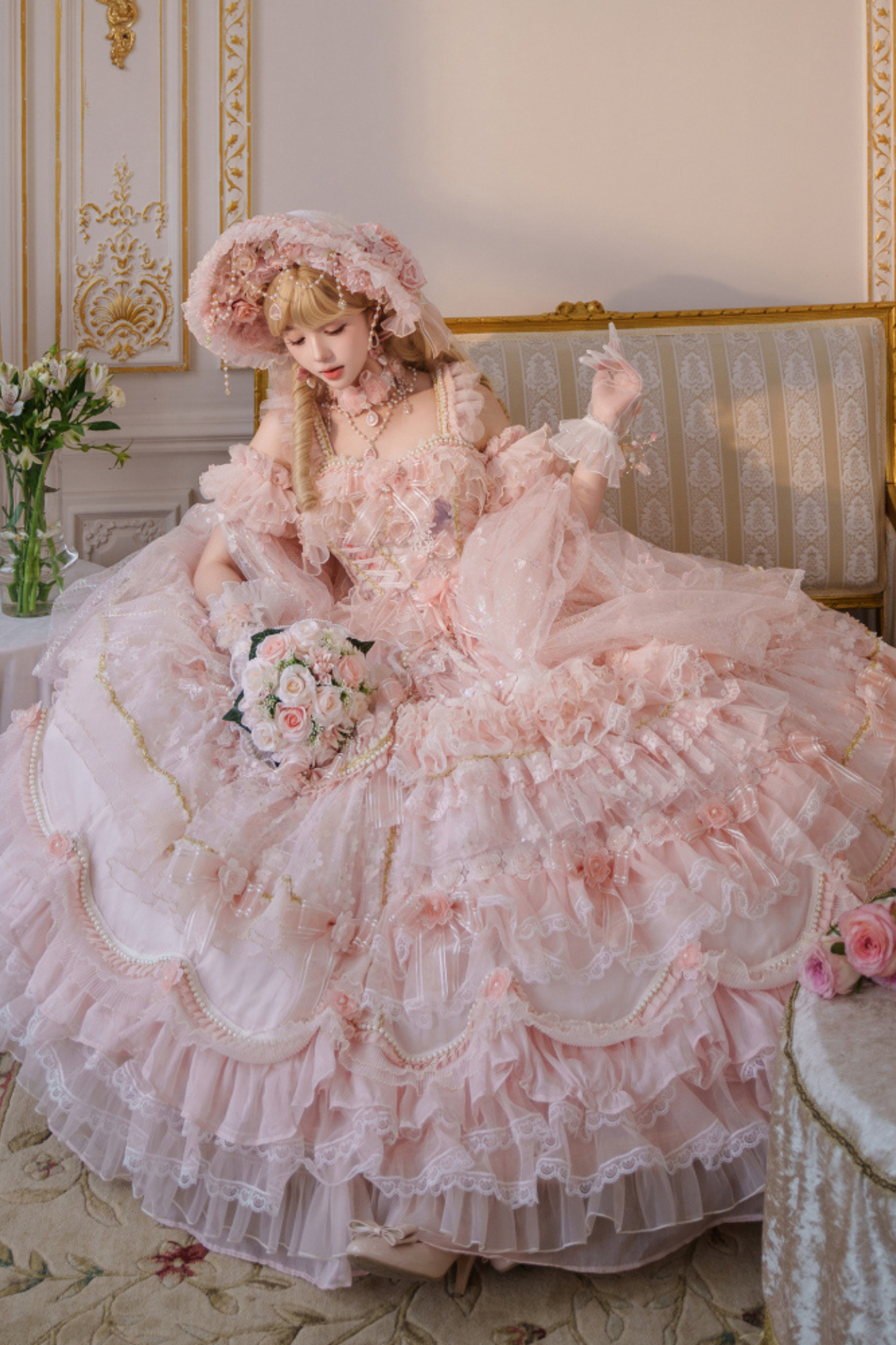 スイートフラワーゴージャスティーパーティーロングロリータドレス