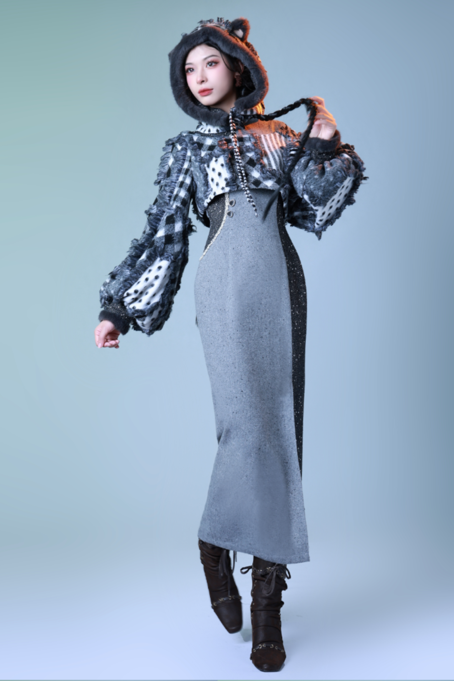 체크 디자인 모드 차이나 드레스