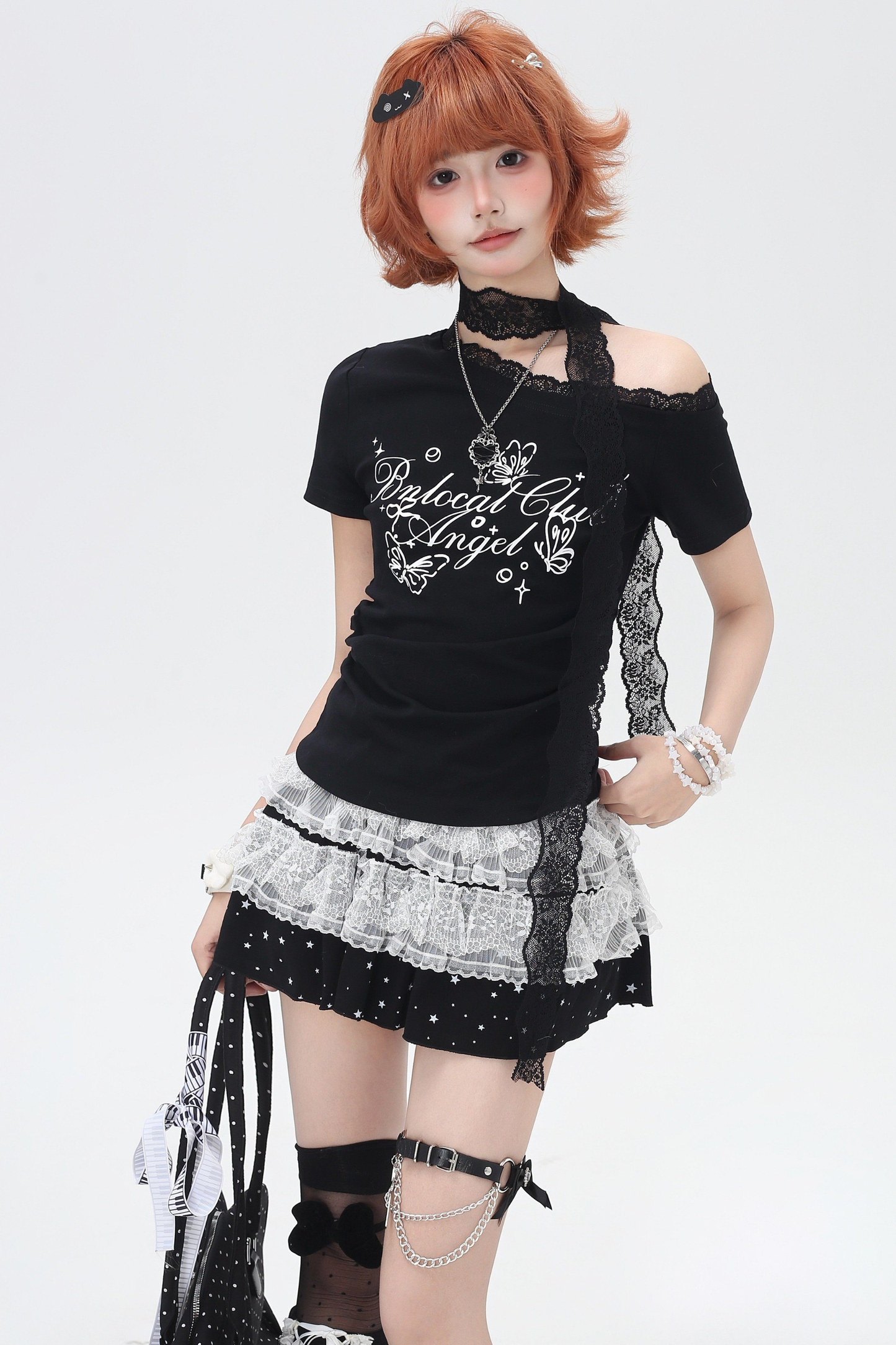 レースデザインワンショルダースリムトップス