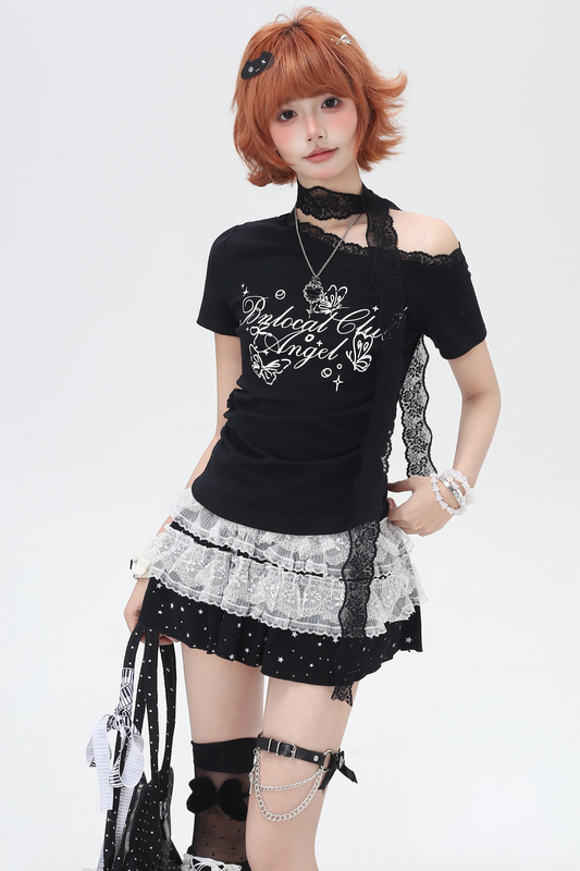 レースデザインワンショルダースリムトップス