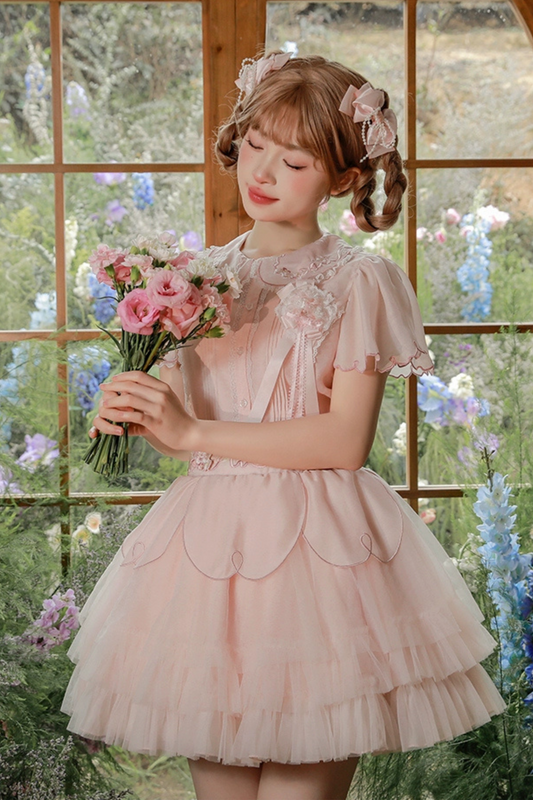 Cherry blossom color sweet princess Lolita dress + doll color top + sheer cardigan + apron