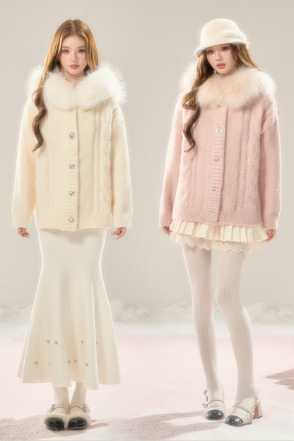 Sweet Fur Collar Hooded Knit Cardigan