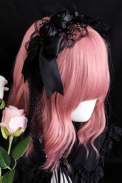 ダークブラックローズレースヘッドバンド+ヘアーブローチ