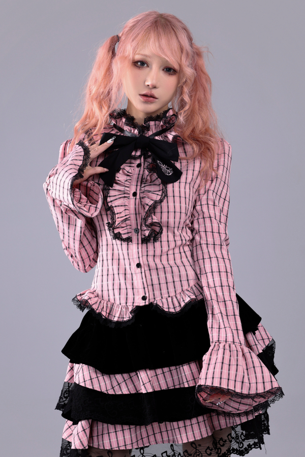 Plad Ruffle Collar Blouse