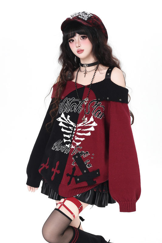Skull Bone Gothic Off-Shoulder Top + Scarf
