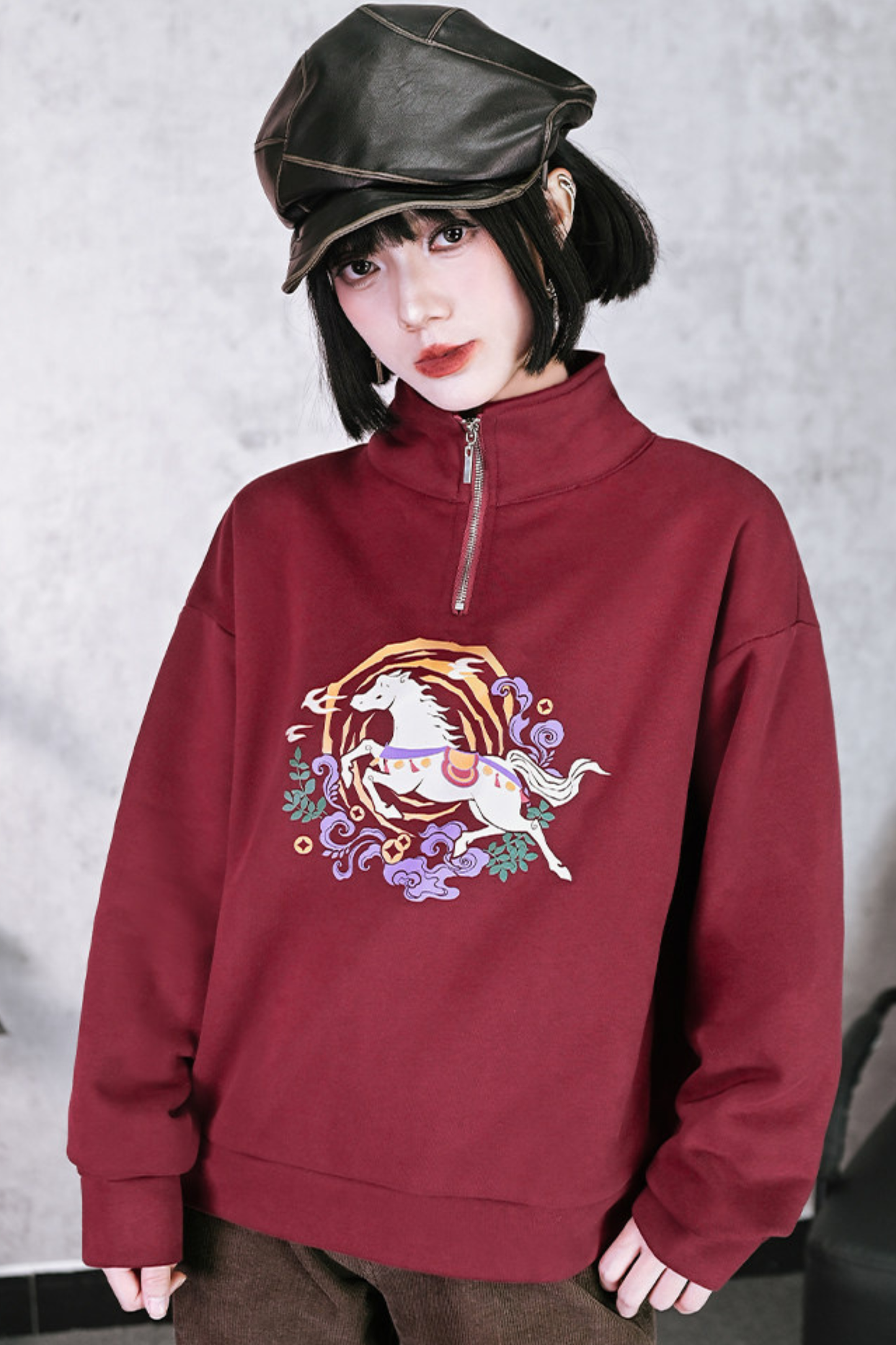 Retro china mode zip-neck top