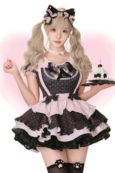 검은 고양이 메이드 도트 탑 + 멜빵 스커트 + 페티코트