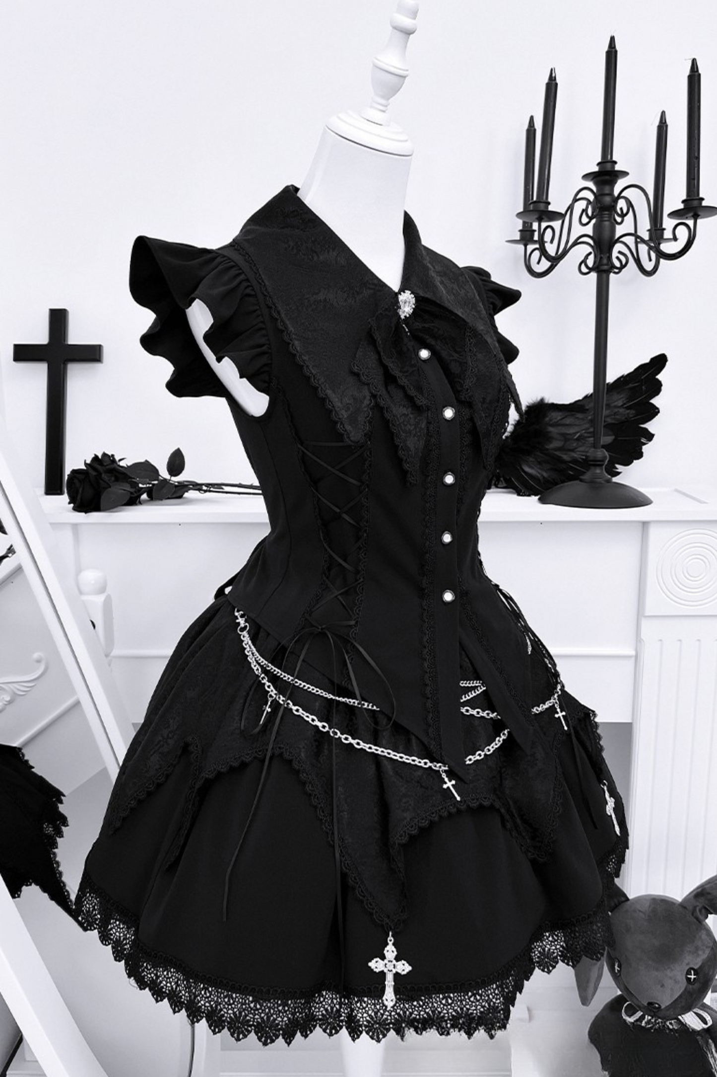 ダークゴシックサブカルチャーストラップセットアップ＋リボン＋チェーン