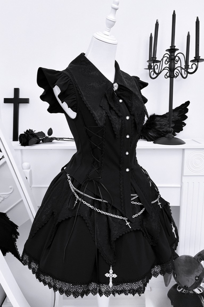 ダークゴシックサブカルチャーストラップセットアップ＋リボン＋チェーン