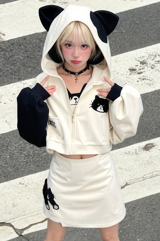 Cat Ear Hood Short Hoodie + Camisole + Skirt