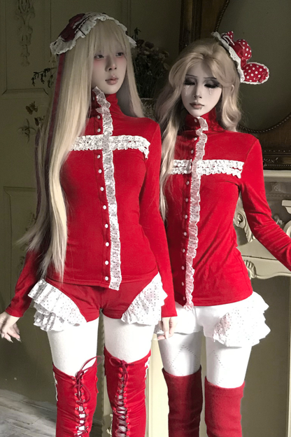 レースクロスタートルネックトップス+レースショートパンツ